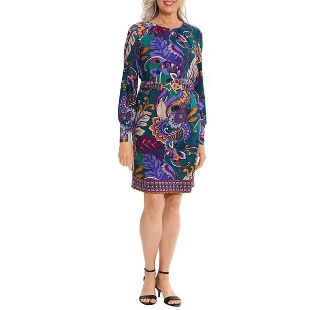 London Times Blue Teal Floral Jewel Neck Mini Sheath Dress 4 NWT Abstract Belted